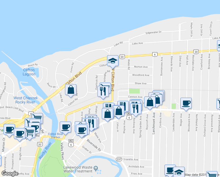 map of restaurants, bars, coffee shops, grocery stores, and more near 1274 West Clifton Boulevard in Lakewood