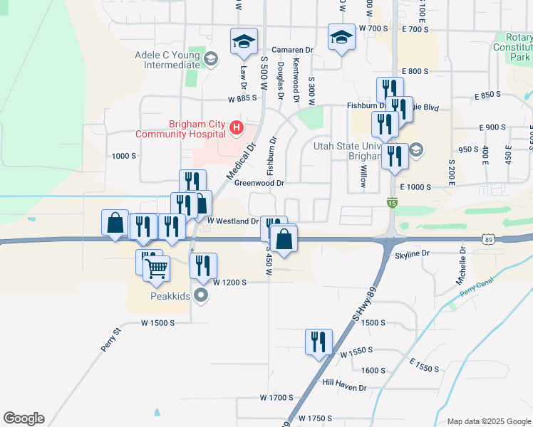 map of restaurants, bars, coffee shops, grocery stores, and more near 443 West Westland Drive in Brigham City