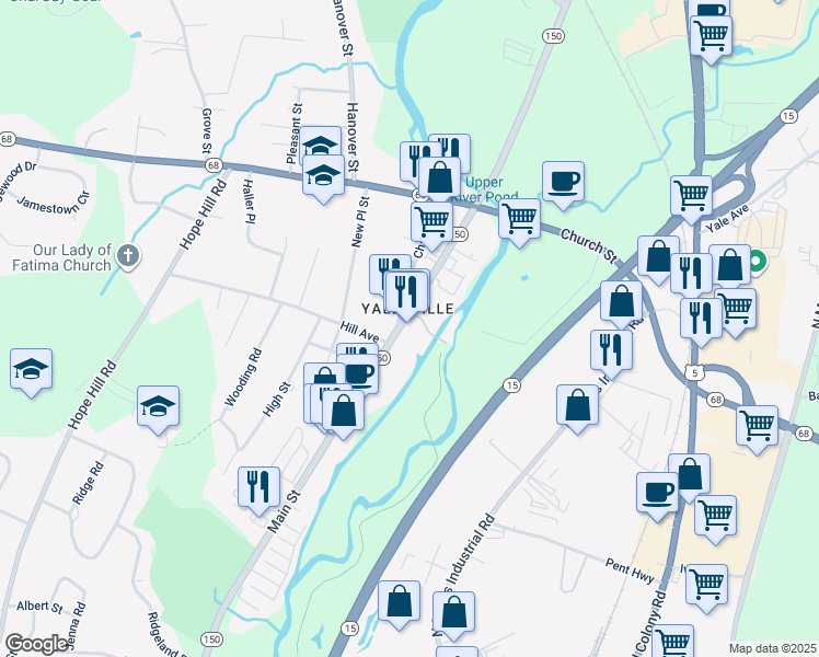 map of restaurants, bars, coffee shops, grocery stores, and more near 380 Main Street in Wallingford