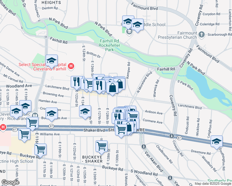 map of restaurants, bars, coffee shops, grocery stores, and more near 12906 Larchmere Boulevard in Cleveland