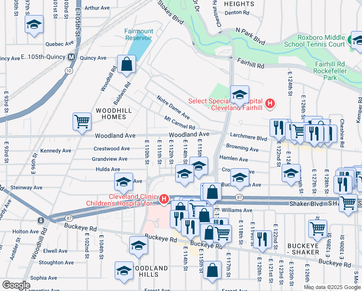 map of restaurants, bars, coffee shops, grocery stores, and more near 2648 East 114th Street in Cleveland