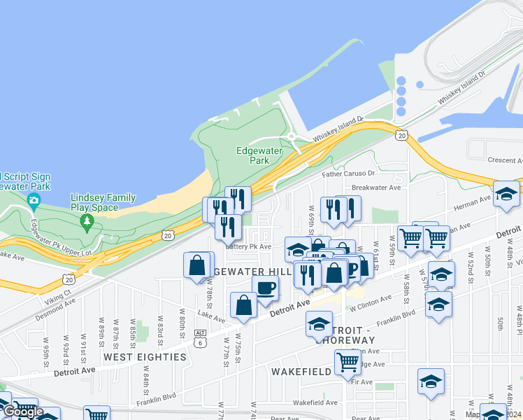 map of restaurants, bars, coffee shops, grocery stores, and more near in Cleveland