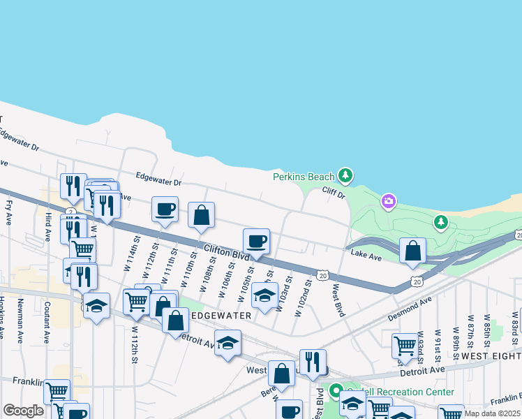 map of restaurants, bars, coffee shops, grocery stores, and more near 10500 Lake Avenue in Cleveland