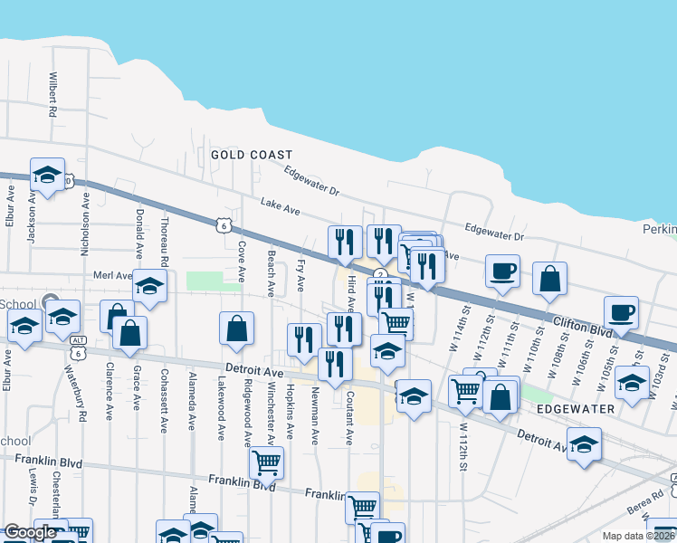 map of restaurants, bars, coffee shops, grocery stores, and more near 1291 Idlewood Avenue in Lakewood