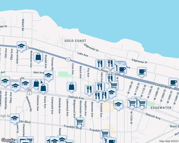 map of restaurants, bars, coffee shops, grocery stores, and more near 1297 Fry Avenue in Lakewood