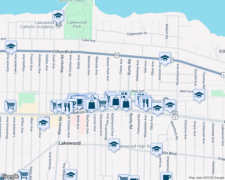 map of restaurants, bars, coffee shops, grocery stores, and more near 1347 Manor Park Avenue in Lakewood