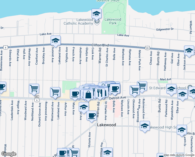 map of restaurants, bars, coffee shops, grocery stores, and more near 1337 Warren Road in Lakewood