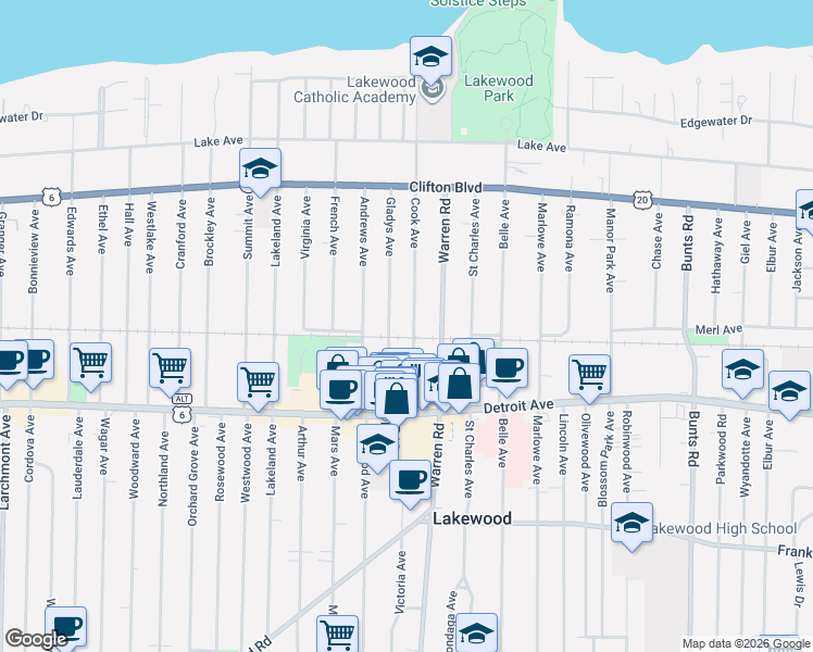 map of restaurants, bars, coffee shops, grocery stores, and more near 1332 Cook Avenue in Lakewood
