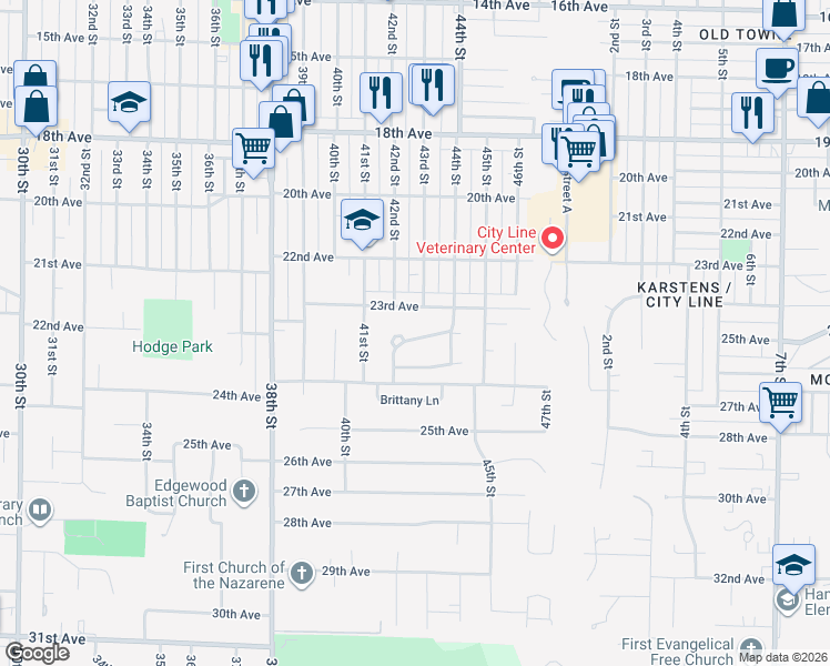 map of restaurants, bars, coffee shops, grocery stores, and more near 13 Waverly Drive in Rock Island