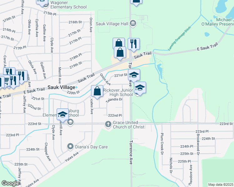 map of restaurants, bars, coffee shops, grocery stores, and more near 2514 Apache Avenue in Sauk Village