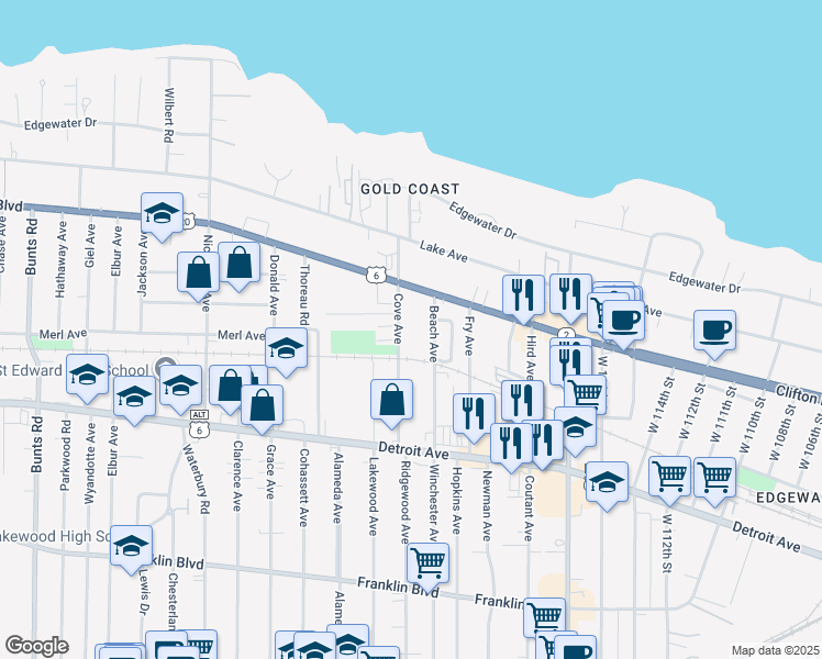 map of restaurants, bars, coffee shops, grocery stores, and more near 1314 Cove Avenue in Lakewood