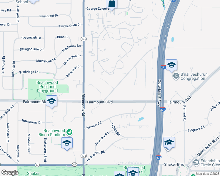 map of restaurants, bars, coffee shops, grocery stores, and more near 26110 North Woodland Road in Beachwood