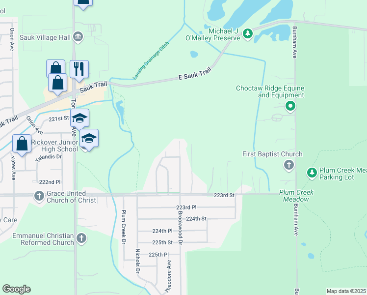 map of restaurants, bars, coffee shops, grocery stores, and more near 22121 Brookwood Drive in Chicago Heights