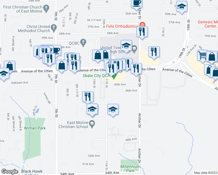 map of restaurants, bars, coffee shops, grocery stores, and more near 4521 11th Street Court in East Moline