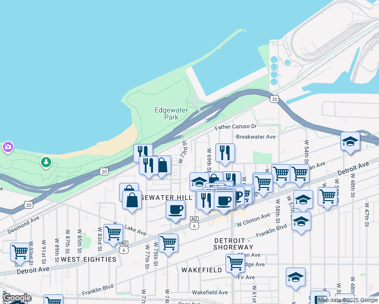 map of restaurants, bars, coffee shops, grocery stores, and more near 1265 West 70th Street in Cleveland