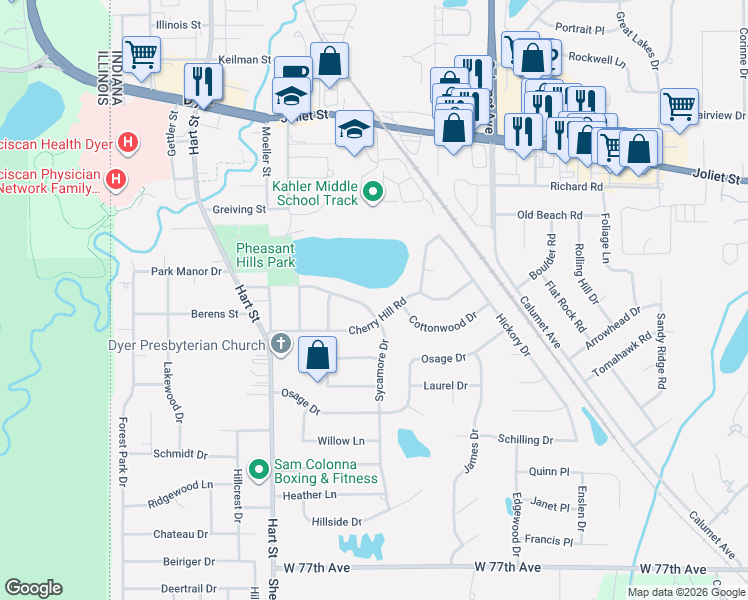 map of restaurants, bars, coffee shops, grocery stores, and more near 537 Cherry Hill Road in Dyer