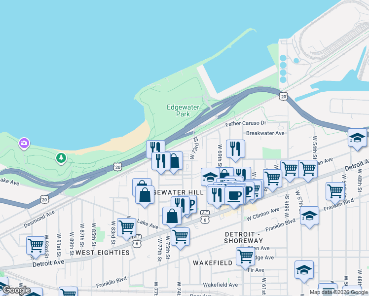 map of restaurants, bars, coffee shops, grocery stores, and more near in Cleveland