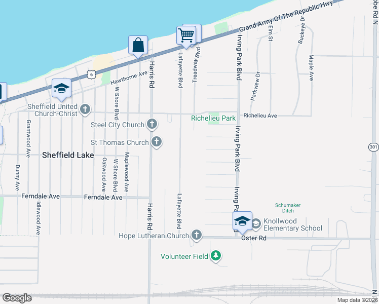 map of restaurants, bars, coffee shops, grocery stores, and more near 665 Lafayette Boulevard in Sheffield Lake