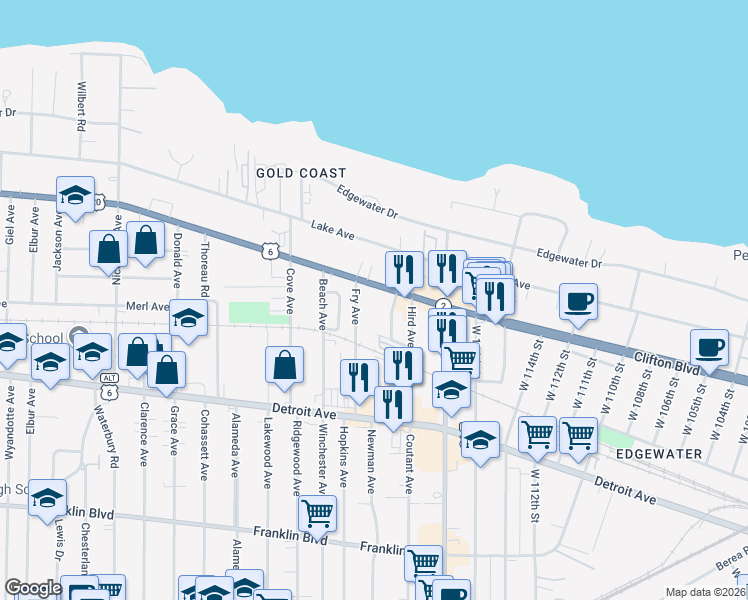 map of restaurants, bars, coffee shops, grocery stores, and more near 11839 Clifton Boulevard in Lakewood