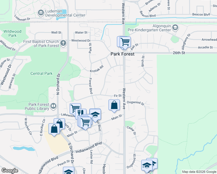 map of restaurants, bars, coffee shops, grocery stores, and more near 153 Elm Street in Park Forest