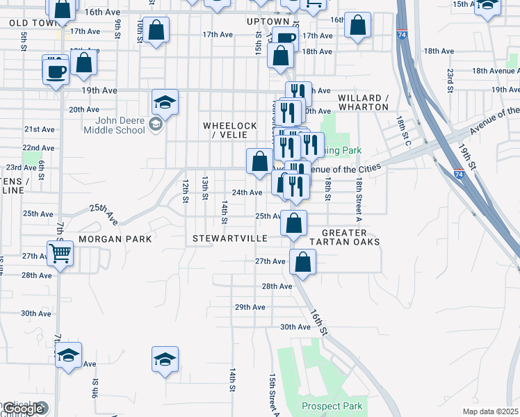 map of restaurants, bars, coffee shops, grocery stores, and more near 2426 15th Street in Moline