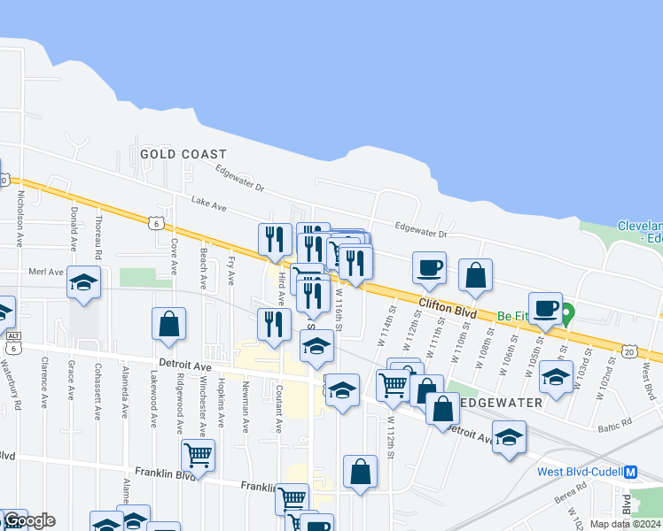 map of restaurants, bars, coffee shops, grocery stores, and more near 11604 Clifton Boulevard in Cleveland