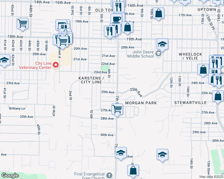 map of restaurants, bars, coffee shops, grocery stores, and more near 645-699 24th Avenue in Moline