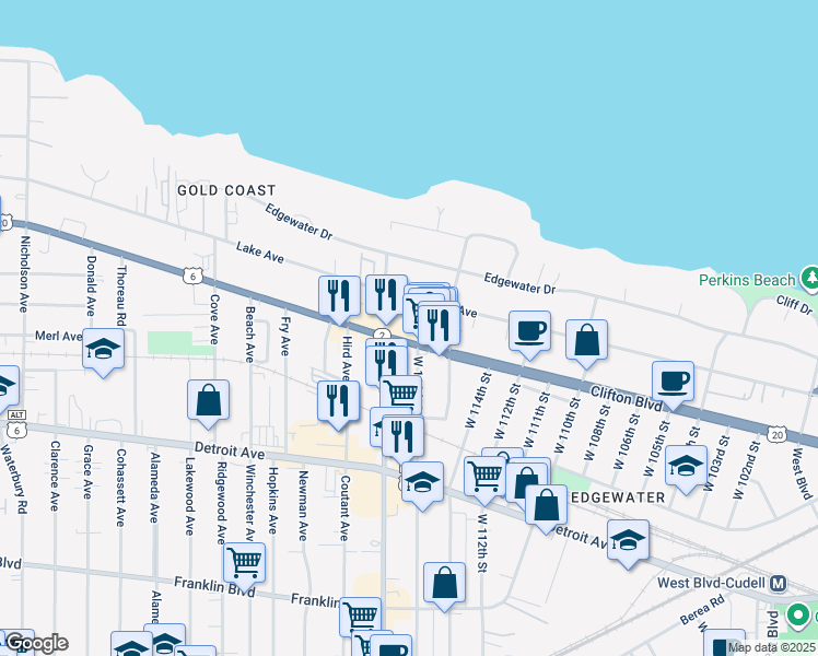 map of restaurants, bars, coffee shops, grocery stores, and more near 11604 Clifton Boulevard in Cleveland