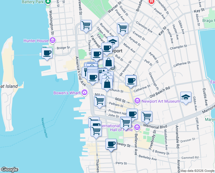 map of restaurants, bars, coffee shops, grocery stores, and more near 41 Mary Street in Newport
