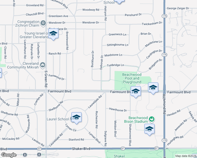 map of restaurants, bars, coffee shops, grocery stores, and more near 2618 Deborah Drive in Beachwood