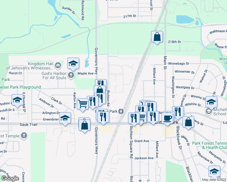 map of restaurants, bars, coffee shops, grocery stores, and more near 3076 Saint Ives Lane in Richton Park