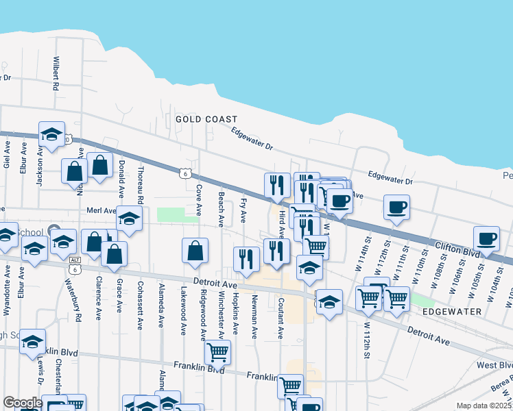 map of restaurants, bars, coffee shops, grocery stores, and more near 11839 Clifton Boulevard in Lakewood