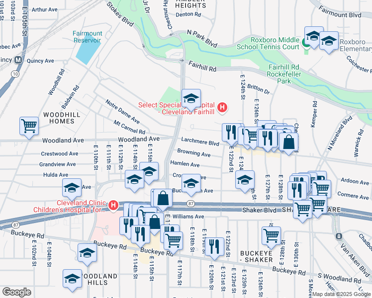 map of restaurants, bars, coffee shops, grocery stores, and more near 11729 Browning Avenue in Cleveland