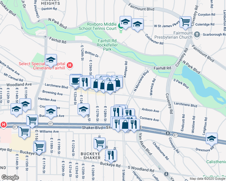 map of restaurants, bars, coffee shops, grocery stores, and more near 2567 Kendall Road in Shaker Heights