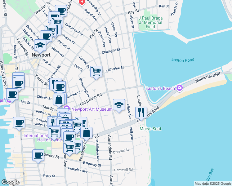 map of restaurants, bars, coffee shops, grocery stores, and more near 116 Old Beach Road in Newport