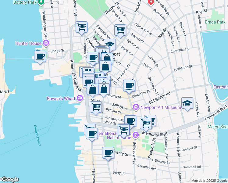 map of restaurants, bars, coffee shops, grocery stores, and more near 20 School Street in Newport