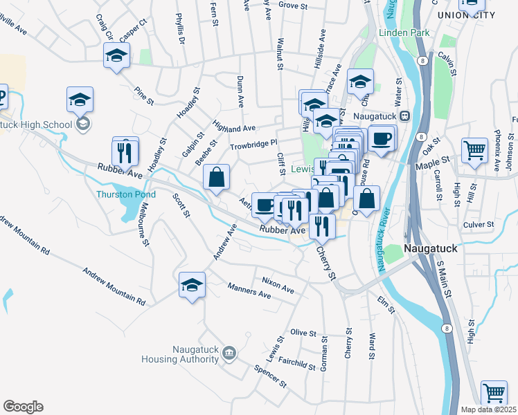 map of restaurants, bars, coffee shops, grocery stores, and more near 57 Aetna Street in Naugatuck