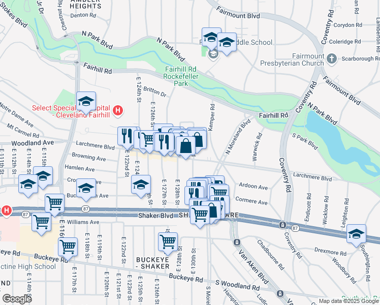 map of restaurants, bars, coffee shops, grocery stores, and more near 2567 Kendall Road in Shaker Heights