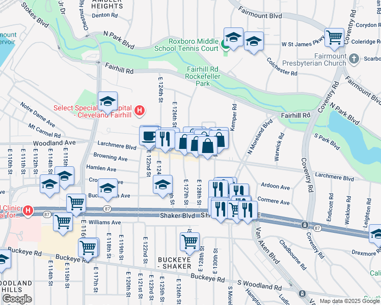 map of restaurants, bars, coffee shops, grocery stores, and more near 2563 East 127th Street in Cleveland