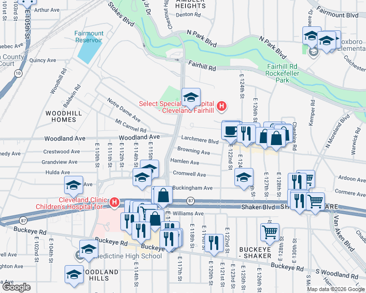 map of restaurants, bars, coffee shops, grocery stores, and more near 11711 Larchmere Boulevard in Cleveland