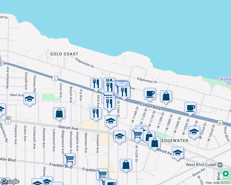 map of restaurants, bars, coffee shops, grocery stores, and more near 11611 Lake Avenue in Cleveland
