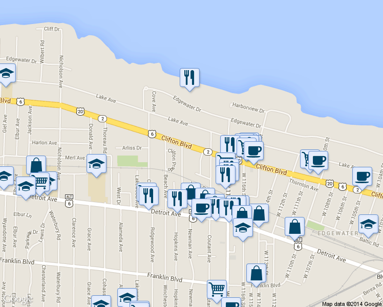 map of restaurants, bars, coffee shops, grocery stores, and more near in Lakewood