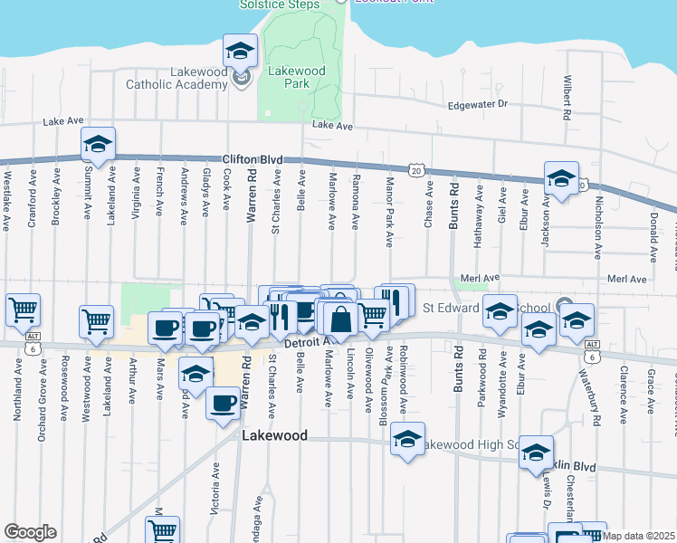 map of restaurants, bars, coffee shops, grocery stores, and more near 1289 Marlowe Avenue in Lakewood