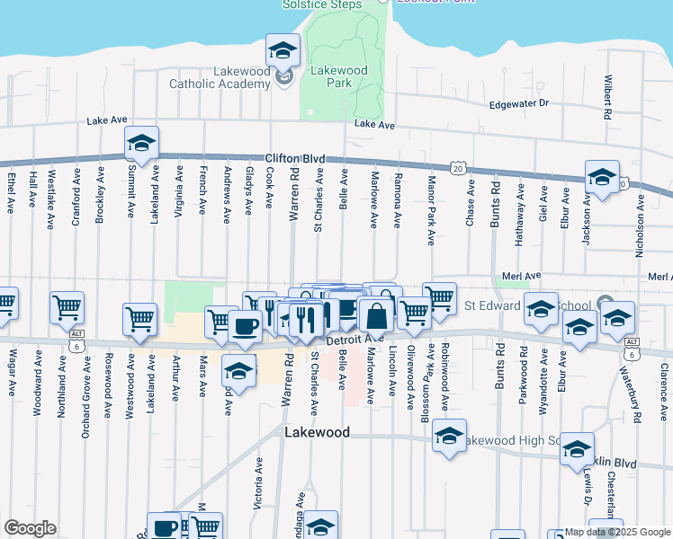 map of restaurants, bars, coffee shops, grocery stores, and more near 1285 Saint Charles Avenue in Lakewood