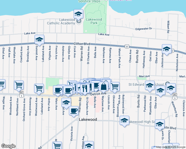 map of restaurants, bars, coffee shops, grocery stores, and more near 1285 Saint Charles Avenue in Lakewood