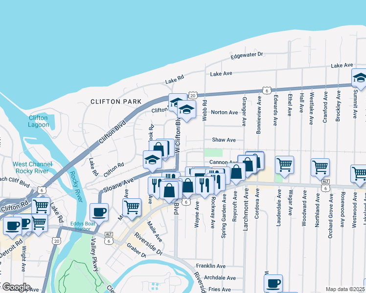 map of restaurants, bars, coffee shops, grocery stores, and more near 1251 West Clifton Boulevard in Lakewood