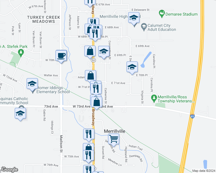 map of restaurants, bars, coffee shops, grocery stores, and more near 7090 Catherine Street in Merrillville