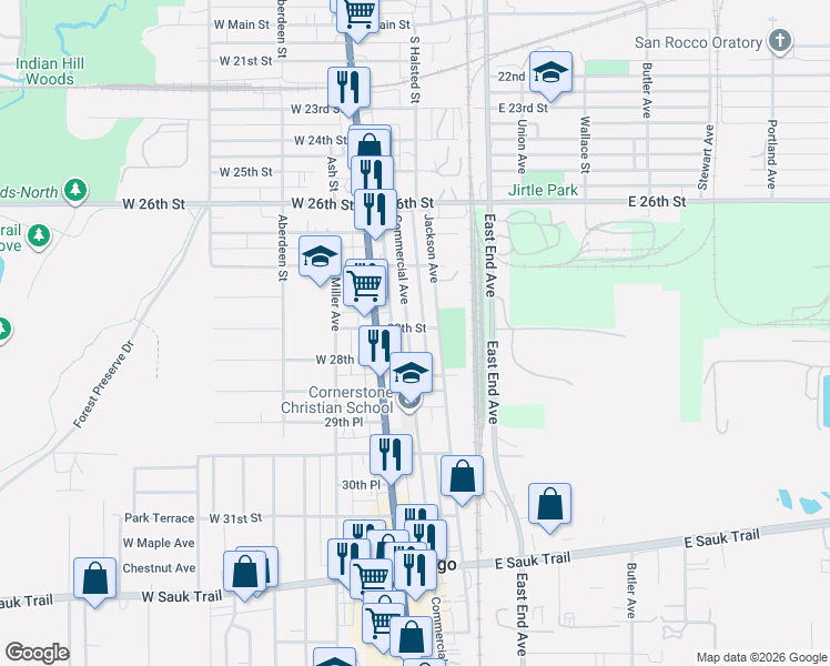 map of restaurants, bars, coffee shops, grocery stores, and more near 2737 Commercial Avenue in South Chicago Heights
