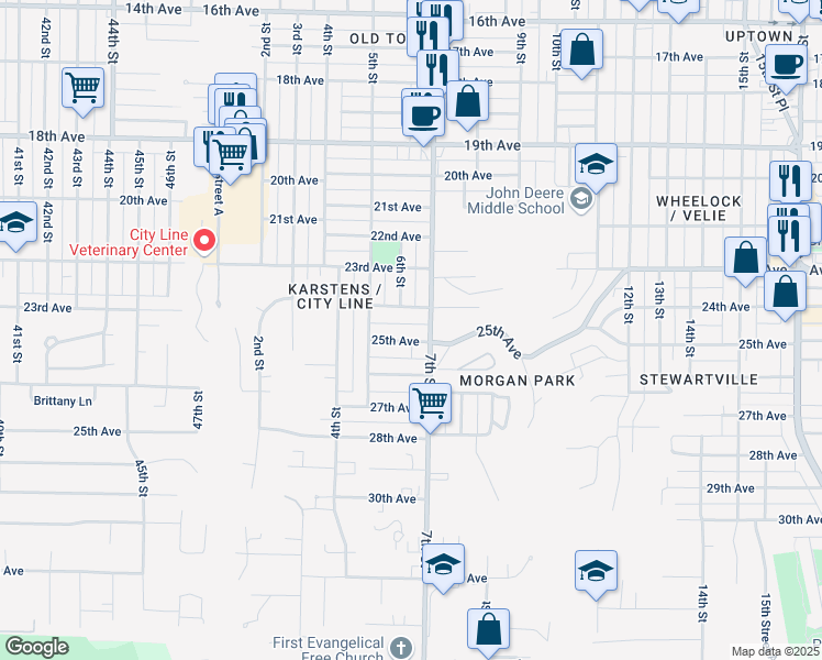 map of restaurants, bars, coffee shops, grocery stores, and more near 645-699 24th Avenue in Moline