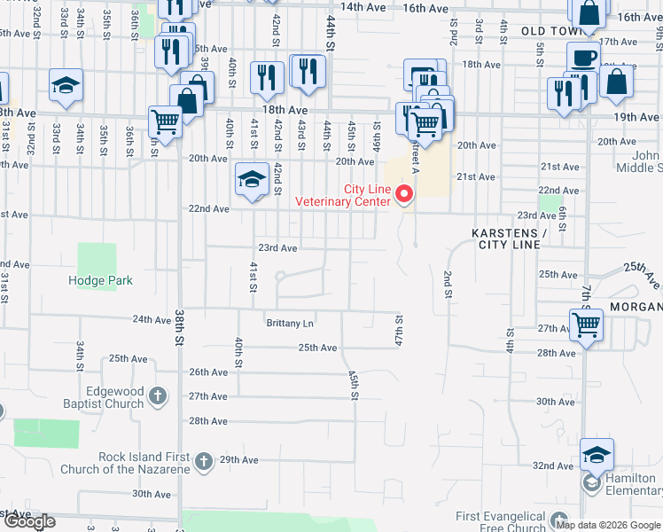 map of restaurants, bars, coffee shops, grocery stores, and more near 4409 23rd Ave in Rock Island